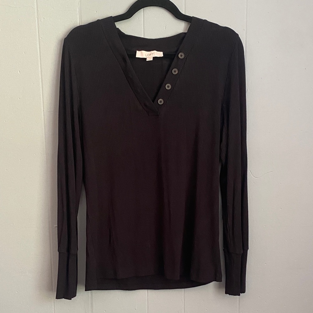 LOFT Black Button-Detail Long Sleeve Top